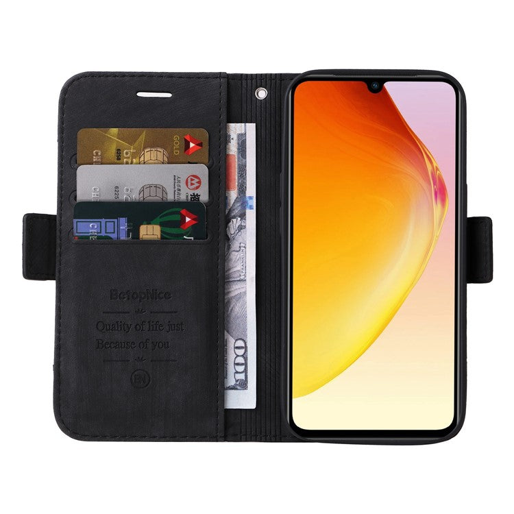 BETOPNICE 001 For vivo V25 5G / V25e 4G Imprinted Stitching Line Stand Wallet Case PU Leather Magnetic Clasp Cover with Strap - Black