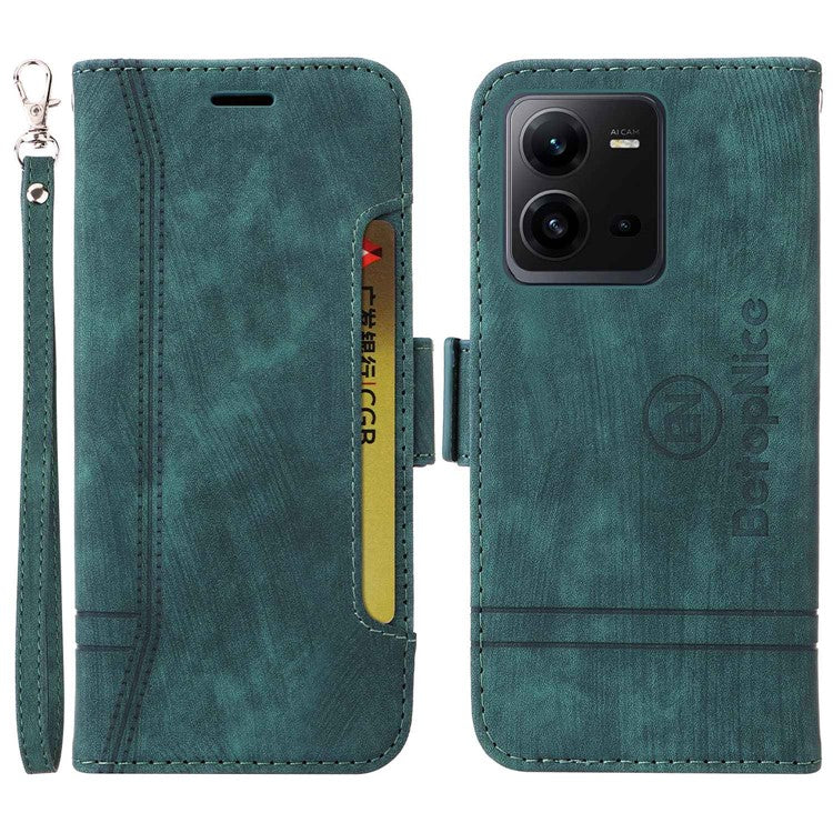 BETOPNICE 001 For vivo V25 5G / V25e 4G Imprinted Stitching Line Stand Wallet Case PU Leather Magnetic Clasp Cover with Strap - Green