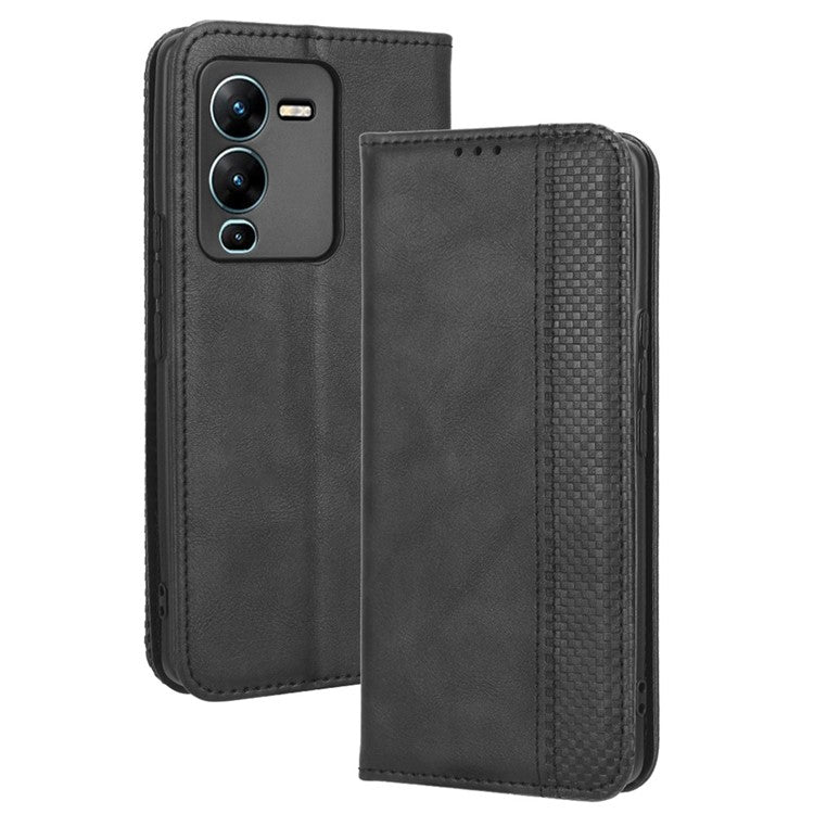 For vivo V25 Pro 5G / S15 Pro 5G Shockproof Retro Texture Phone Case Imprinted Pattern Magnetic Auto-absorbed Flip Leather Wallet Cover Stand - Black