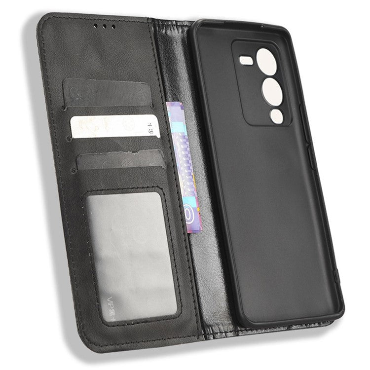 For vivo V25 Pro 5G / S15 Pro 5G Shockproof Retro Texture Phone Case Imprinted Pattern Magnetic Auto-absorbed Flip Leather Wallet Cover Stand - Black