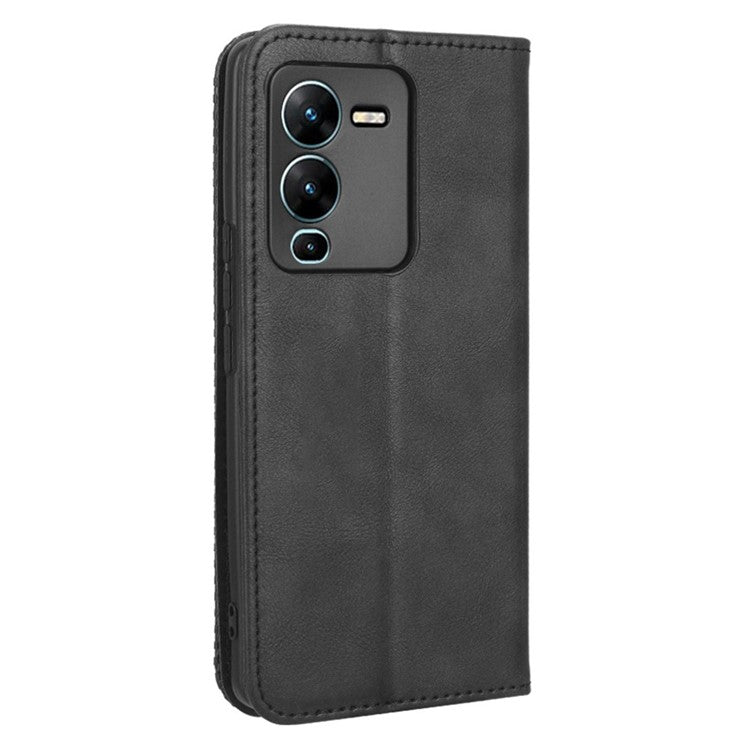 For vivo V25 Pro 5G / S15 Pro 5G Shockproof Retro Texture Phone Case Imprinted Pattern Magnetic Auto-absorbed Flip Leather Wallet Cover Stand - Black