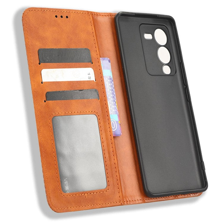 For vivo V25 Pro 5G / S15 Pro 5G Shockproof Retro Texture Phone Case Imprinted Pattern Magnetic Auto-absorbed Flip Leather Wallet Cover Stand - Brown