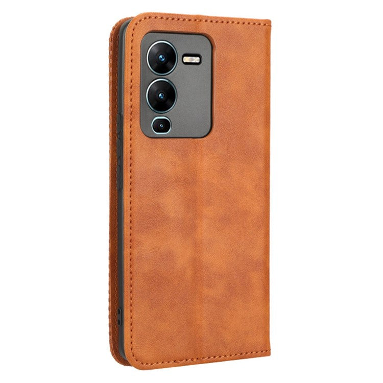 For vivo V25 Pro 5G / S15 Pro 5G Shockproof Retro Texture Phone Case Imprinted Pattern Magnetic Auto-absorbed Flip Leather Wallet Cover Stand - Brown