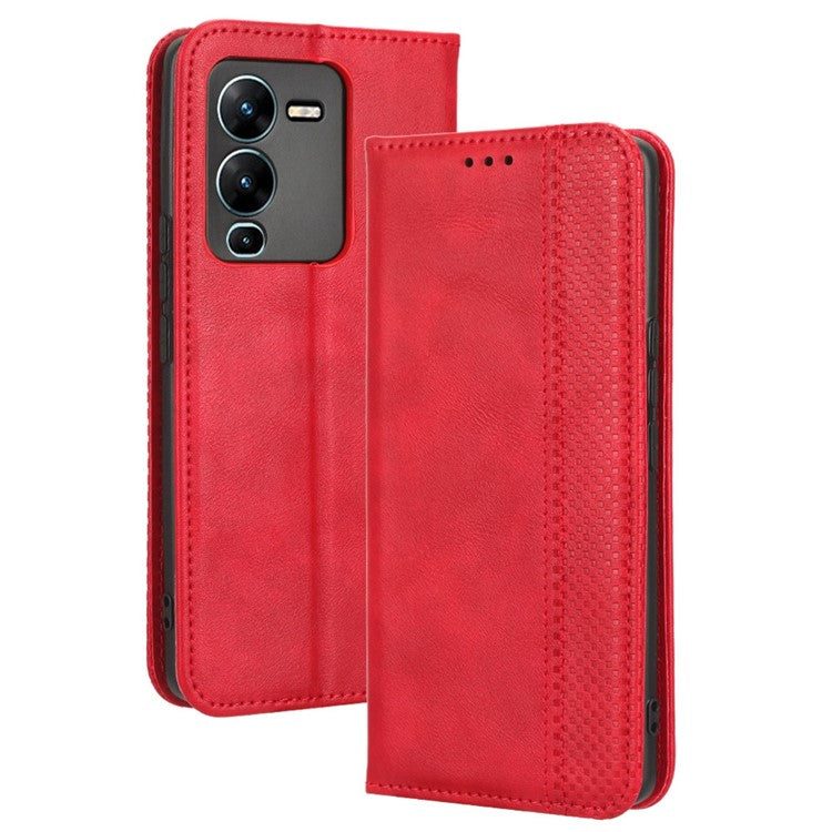 For vivo V25 Pro 5G / S15 Pro 5G Shockproof Retro Texture Phone Case Imprinted Pattern Magnetic Auto-absorbed Flip Leather Wallet Cover Stand - Red