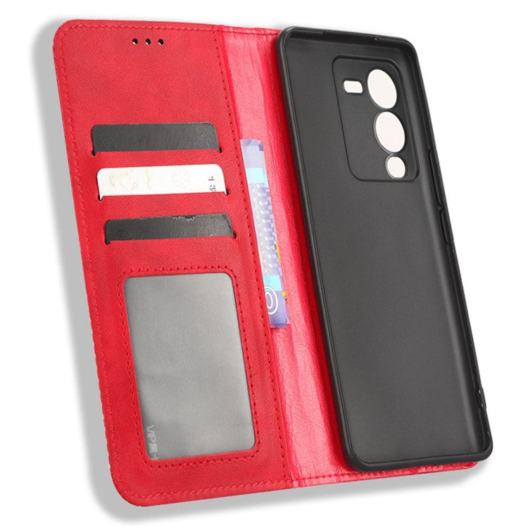 For vivo V25 Pro 5G / S15 Pro 5G Shockproof Retro Texture Phone Case Imprinted Pattern Magnetic Auto-absorbed Flip Leather Wallet Cover Stand - Red