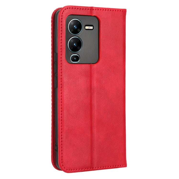 For vivo V25 Pro 5G / S15 Pro 5G Shockproof Retro Texture Phone Case Imprinted Pattern Magnetic Auto-absorbed Flip Leather Wallet Cover Stand - Red