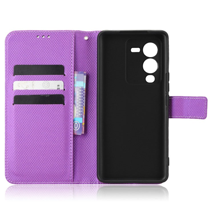 For vivo V25 Pro 5G / S15 Pro 5G Diamond Texture Full Protection PU Leather Cell Phone Case Wallet Stand Shockproof Phone Cover - Purple