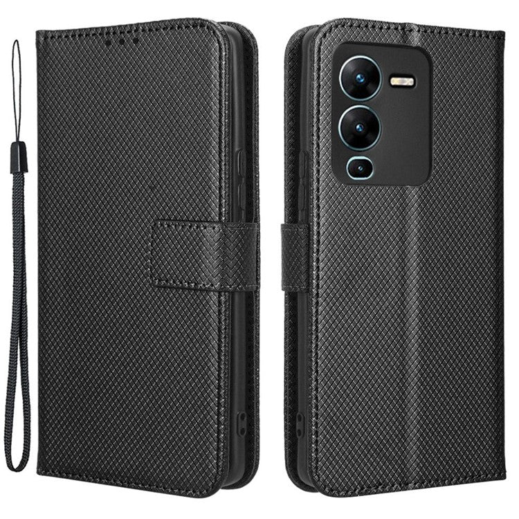 For vivo V25 Pro 5G / S15 Pro 5G Diamond Texture Full Protection PU Leather Cell Phone Case Wallet Stand Shockproof Phone Cover - Black