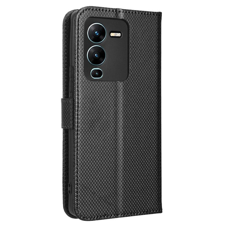 For vivo V25 Pro 5G / S15 Pro 5G Diamond Texture Full Protection PU Leather Cell Phone Case Wallet Stand Shockproof Phone Cover - Black