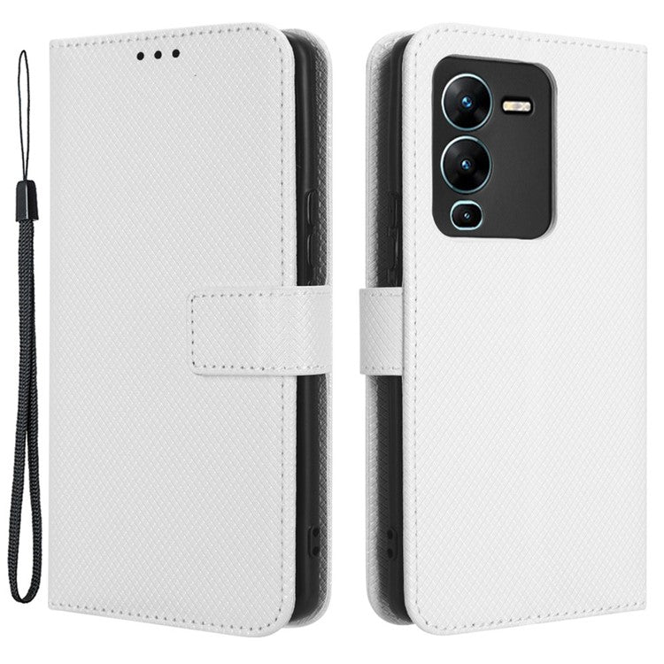 For vivo V25 Pro 5G / S15 Pro 5G Diamond Texture Full Protection PU Leather Cell Phone Case Wallet Stand Shockproof Phone Cover - White