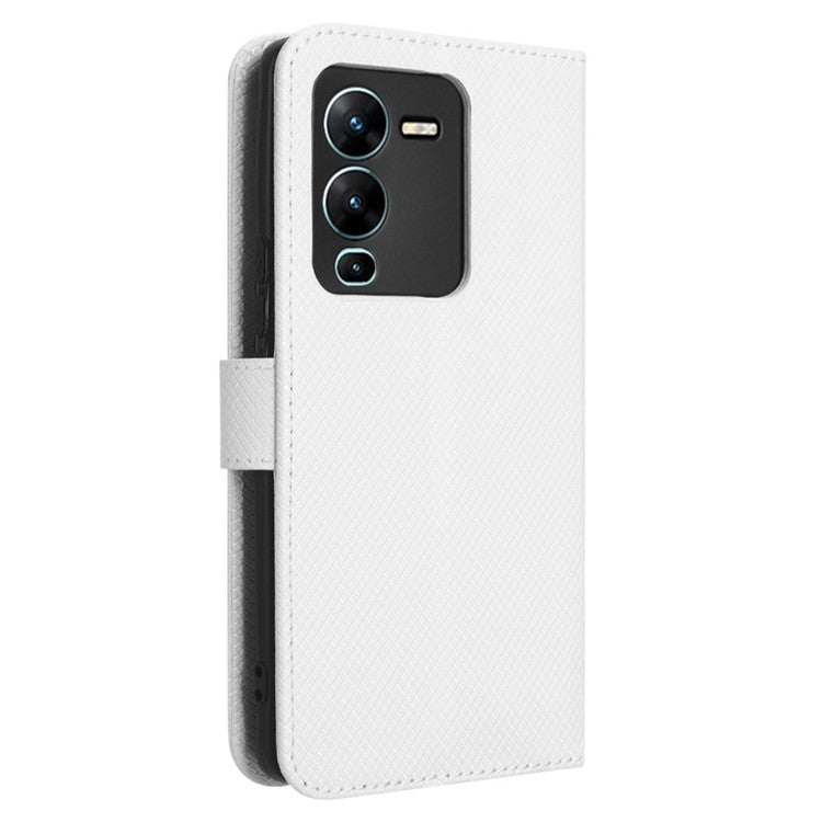 For vivo V25 Pro 5G / S15 Pro 5G Diamond Texture Full Protection PU Leather Cell Phone Case Wallet Stand Shockproof Phone Cover - White