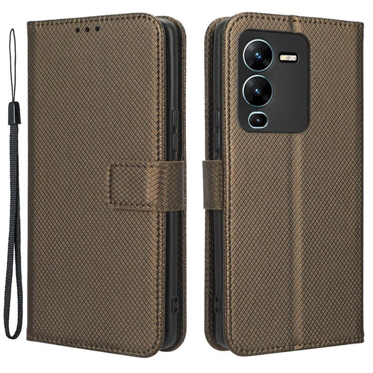 For vivo V25 Pro 5G / S15 Pro 5G Diamond Texture Full Protection PU Leather Cell Phone Case Wallet Stand Shockproof Phone Cover - Brown