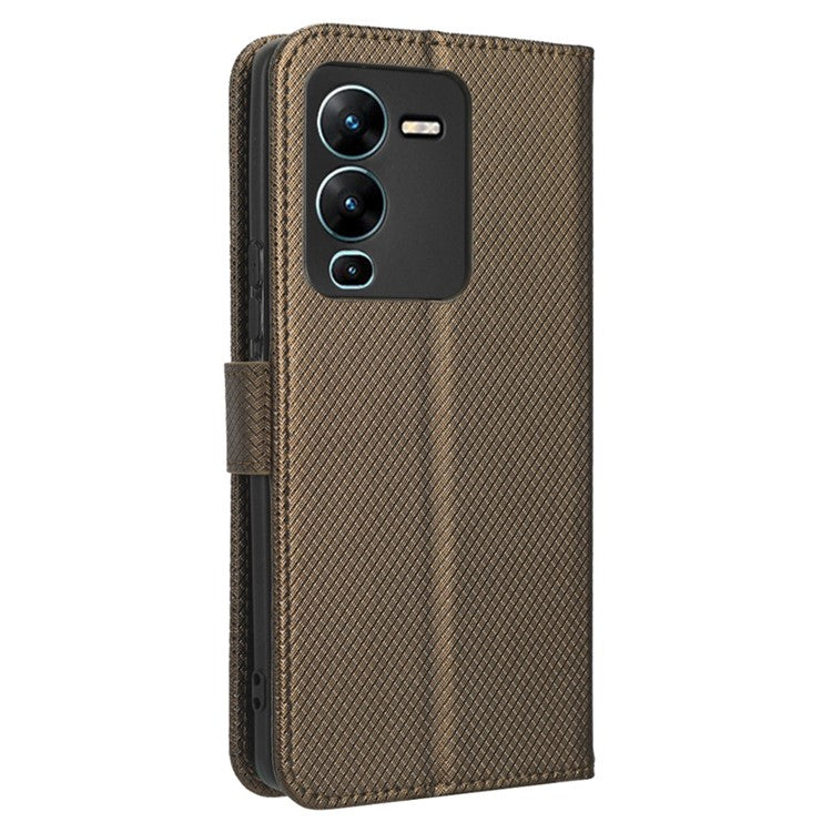 For vivo V25 Pro 5G / S15 Pro 5G Diamond Texture Full Protection PU Leather Cell Phone Case Wallet Stand Shockproof Phone Cover - Brown