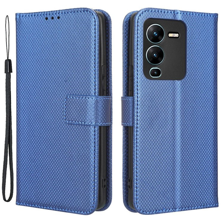 For vivo V25 Pro 5G / S15 Pro 5G Diamond Texture Full Protection PU Leather Cell Phone Case Wallet Stand Shockproof Phone Cover - Blue