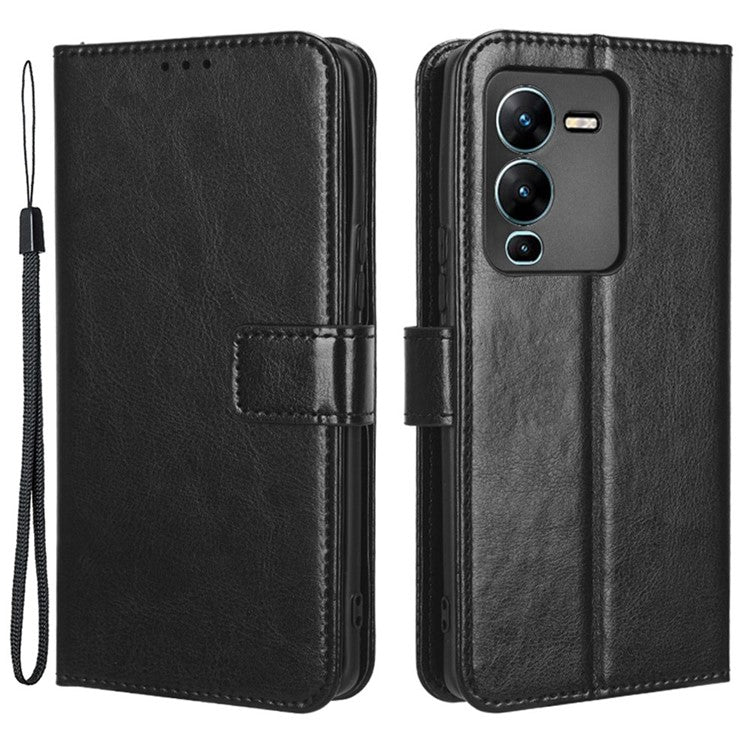 For vivo V25 Pro 5G / S15 Pro 5G Anti-fall Phone Case Stand Crazy Horse Texture Magnetic Clasp PU Leather Scratch-resistant Phone Wallet Cover - Black