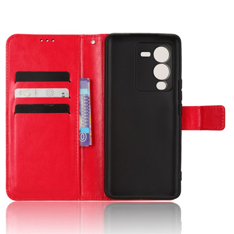 For vivo V25 Pro 5G / S15 Pro 5G Anti-fall Phone Case Stand Crazy Horse Texture Magnetic Clasp PU Leather Scratch-resistant Phone Wallet Cover - Red