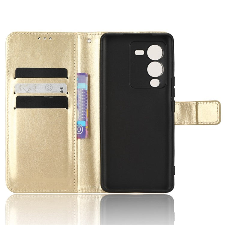 For vivo V25 Pro 5G / S15 Pro 5G Anti-fall Phone Case Stand Crazy Horse Texture Magnetic Clasp PU Leather Scratch-resistant Phone Wallet Cover - Gold