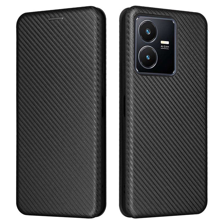 For vivo Y22s 4G / Y35 4G (2022) Magnetic Auto-absorbed Carbon Fiber Texture PU Leather Phone Case Card Slot Design Drop-proof Stand Cover - Black