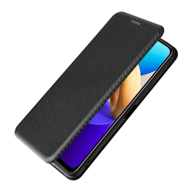 For vivo Y22s 4G / Y35 4G (2022) Magnetic Auto-absorbed Carbon Fiber Texture PU Leather Phone Case Card Slot Design Drop-proof Stand Cover - Black