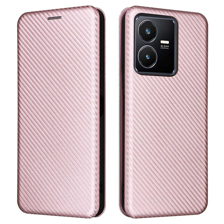 For vivo Y22s 4G / Y35 4G (2022) Magnetic Auto-absorbed Carbon Fiber Texture PU Leather Phone Case Card Slot Design Drop-proof Stand Cover - Rose Gold