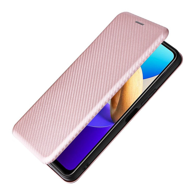 For vivo Y22s 4G / Y35 4G (2022) Magnetic Auto-absorbed Carbon Fiber Texture PU Leather Phone Case Card Slot Design Drop-proof Stand Cover - Rose Gold