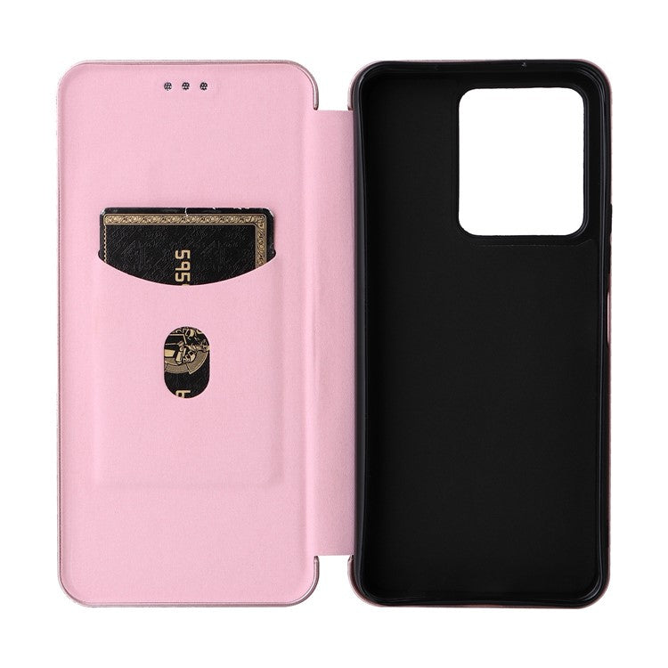 For vivo Y22s 4G / Y35 4G (2022) Magnetic Auto-absorbed Carbon Fiber Texture PU Leather Phone Case Card Slot Design Drop-proof Stand Cover - Rose Gold