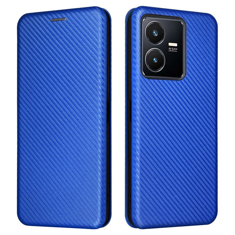 For vivo Y22s 4G / Y35 4G (2022) Magnetic Auto-absorbed Carbon Fiber Texture PU Leather Phone Case Card Slot Design Drop-proof Stand Cover - Blue