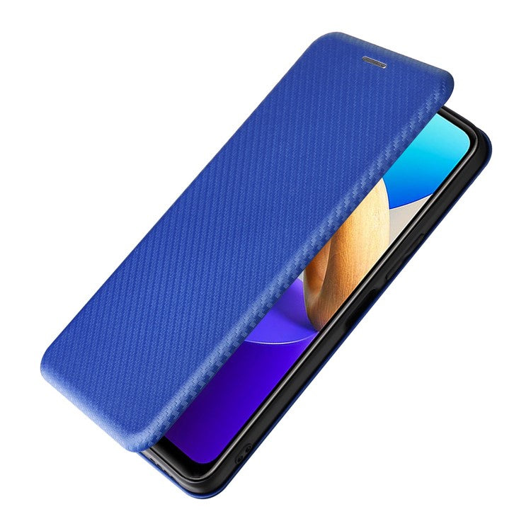 For vivo Y22s 4G / Y35 4G (2022) Magnetic Auto-absorbed Carbon Fiber Texture PU Leather Phone Case Card Slot Design Drop-proof Stand Cover - Blue