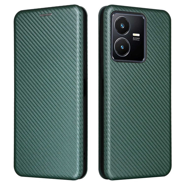 For vivo Y22s 4G / Y35 4G (2022) Magnetic Auto-absorbed Carbon Fiber Texture PU Leather Phone Case Card Slot Design Drop-proof Stand Cover - Green