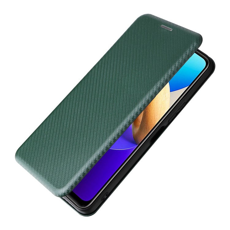 For vivo Y22s 4G / Y35 4G (2022) Magnetic Auto-absorbed Carbon Fiber Texture PU Leather Phone Case Card Slot Design Drop-proof Stand Cover - Green