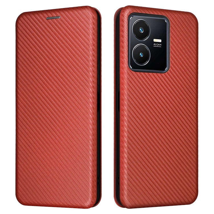 For vivo Y22s 4G / Y35 4G (2022) Magnetic Auto-absorbed Carbon Fiber Texture PU Leather Phone Case Card Slot Design Drop-proof Stand Cover - Brown