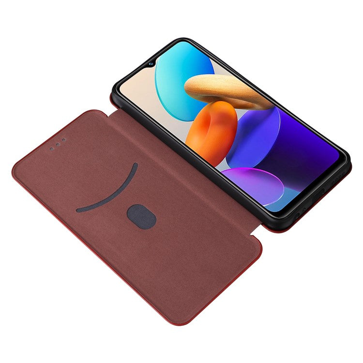 For vivo Y22s 4G / Y35 4G (2022) Magnetic Auto-absorbed Carbon Fiber Texture PU Leather Phone Case Card Slot Design Drop-proof Stand Cover - Brown