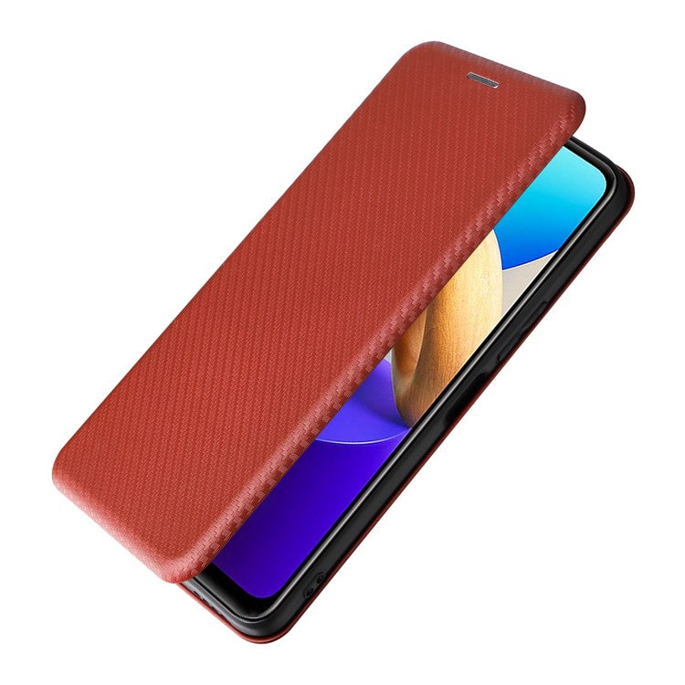 For vivo Y22s 4G / Y35 4G (2022) Magnetic Auto-absorbed Carbon Fiber Texture PU Leather Phone Case Card Slot Design Drop-proof Stand Cover - Brown