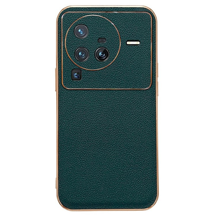 For vivo X80 Pro 5G Electroplating Phone Case Genuine Leather Coated PC+TPU Hybrid Protective Cover - Midnight Green