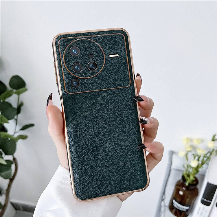 For vivo X80 Pro 5G Electroplating Phone Case Genuine Leather Coated PC+TPU Hybrid Protective Cover - Midnight Green