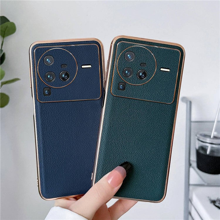 For vivo X80 Pro 5G Electroplating Phone Case Genuine Leather Coated PC+TPU Hybrid Protective Cover - Midnight Green