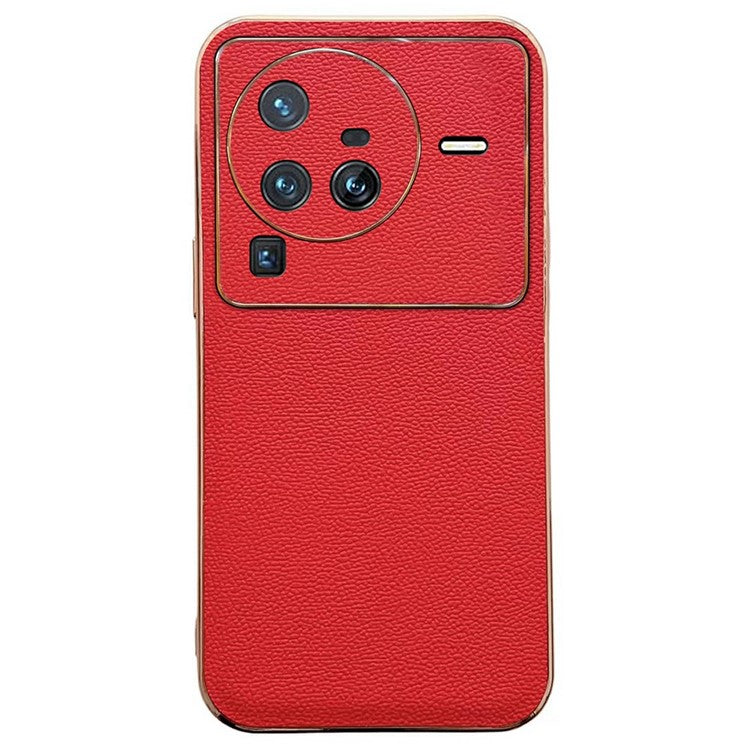 For vivo X80 Pro 5G Electroplating Phone Case Genuine Leather Coated PC+TPU Hybrid Protective Cover - Red