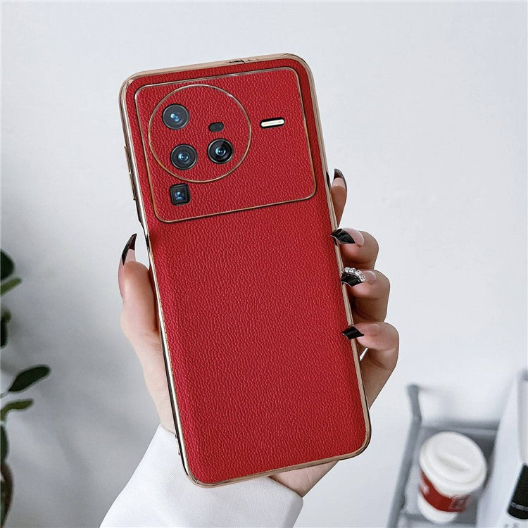 For vivo X80 Pro 5G Electroplating Phone Case Genuine Leather Coated PC+TPU Hybrid Protective Cover - Red