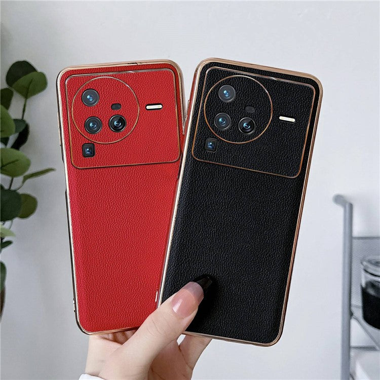 For vivo X80 Pro 5G Electroplating Phone Case Genuine Leather Coated PC+TPU Hybrid Protective Cover - Red