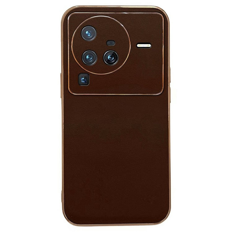 For vivo X80 Pro 5G Genuine Leather Coated PC+TPU Drop-Proof Case Electroplating Edges Design Shockproof Protective Cover - Coffee