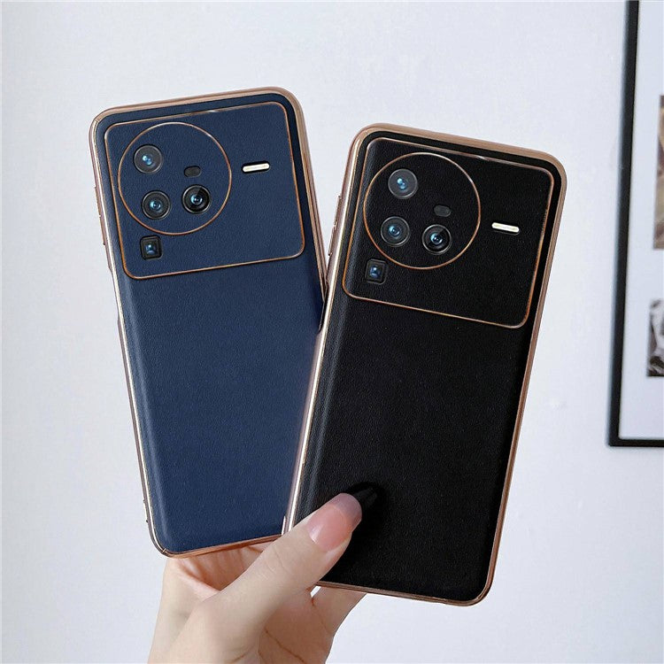 For vivo X80 Pro 5G Genuine Leather Coated PC+TPU Drop-Proof Case Electroplating Edges Design Shockproof Protective Cover - Coffee