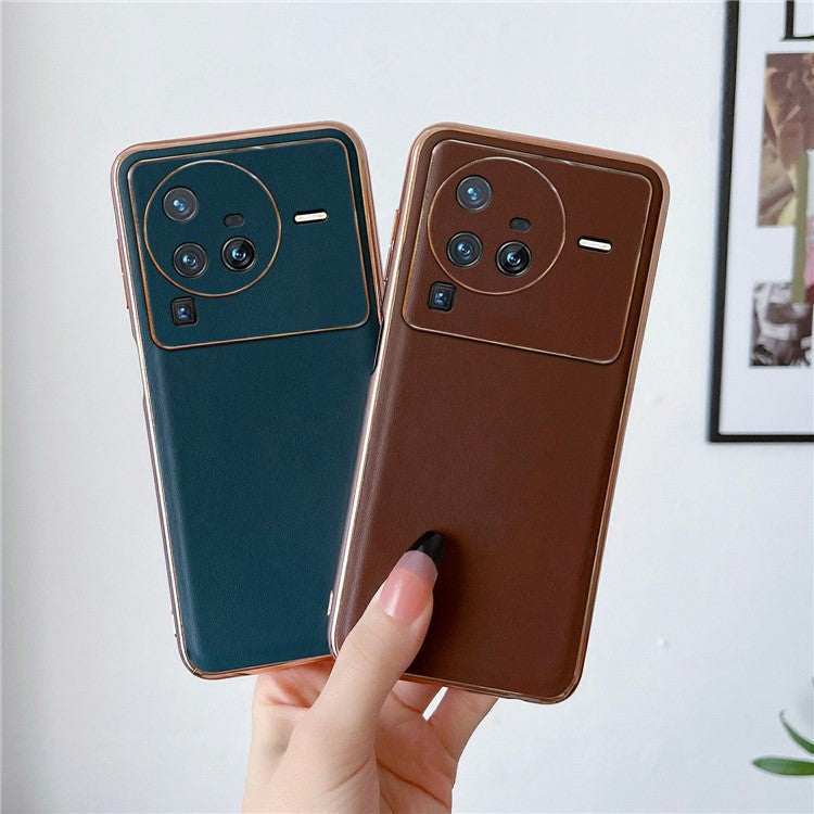 For vivo X80 Pro 5G Genuine Leather Coated PC+TPU Drop-Proof Case Electroplating Edges Design Shockproof Protective Cover - Coffee