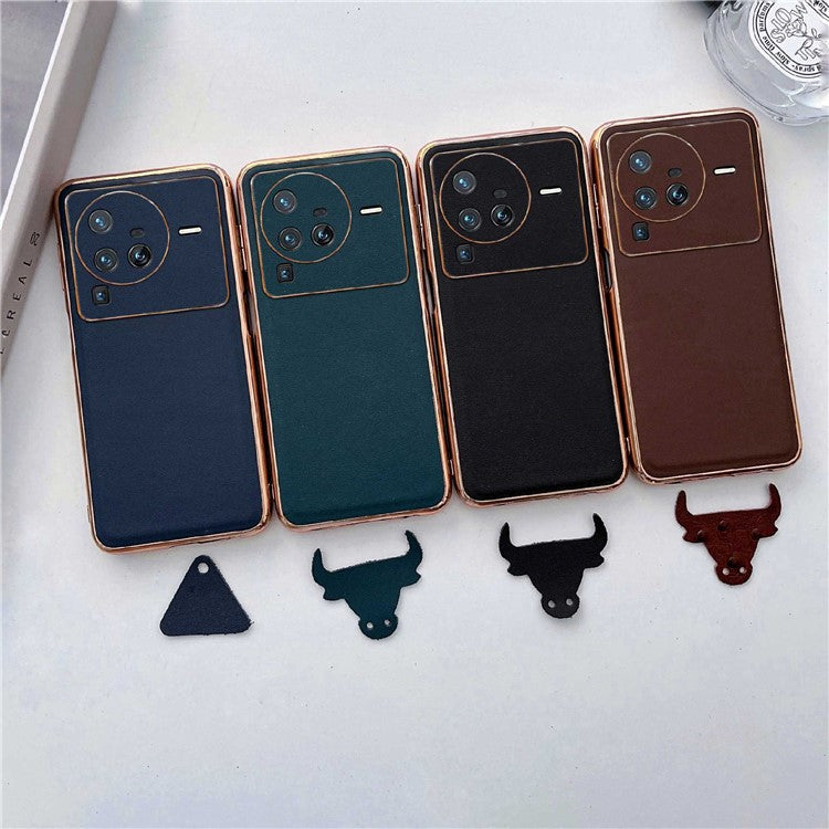 For vivo X80 Pro 5G Genuine Leather Coated PC+TPU Drop-Proof Case Electroplating Edges Design Shockproof Protective Cover - Coffee