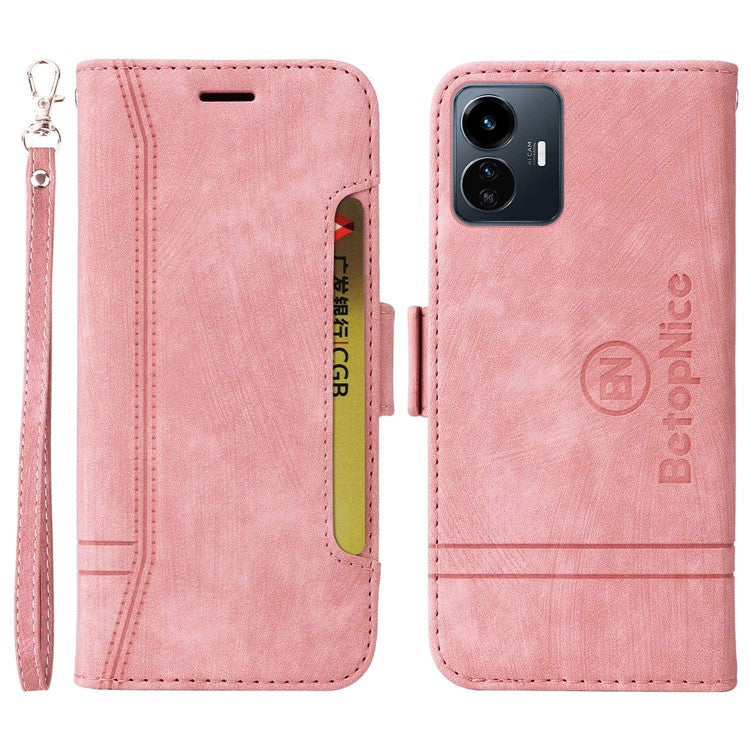 BETOPNICE 001 For vivo Y77 5G / Y77e 5G / Y77e (t1) 5G / iQOO Z6 Lite 5G PU Leather Imprinted Stitching Line Design Phone Case Full Protection Stand Wallet Cover with Strap - Pink