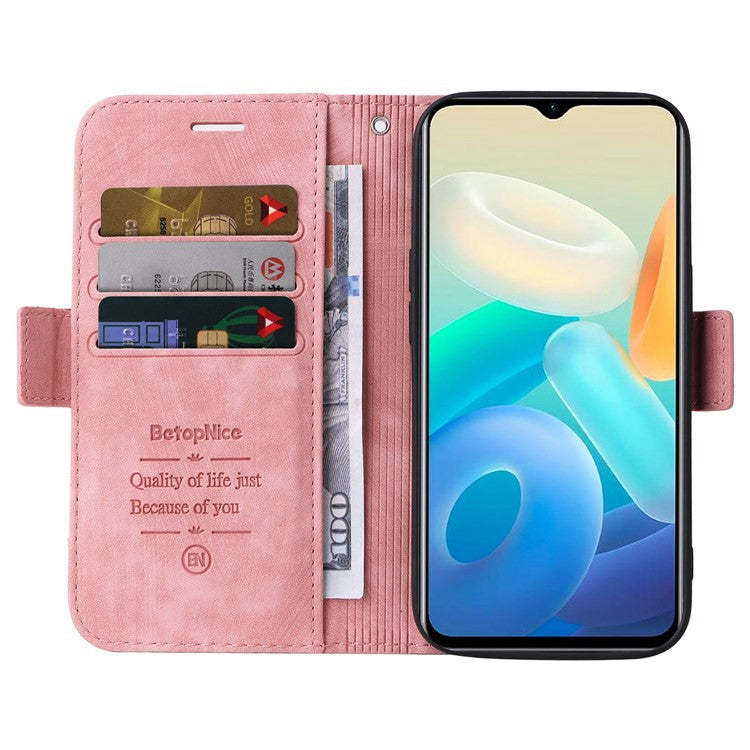 BETOPNICE 001 For vivo Y77 5G / Y77e 5G / Y77e (t1) 5G / iQOO Z6 Lite 5G PU Leather Imprinted Stitching Line Design Phone Case Full Protection Stand Wallet Cover with Strap - Pink