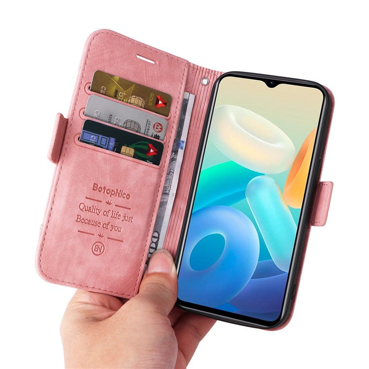 BETOPNICE 001 For vivo Y77 5G / Y77e 5G / Y77e (t1) 5G / iQOO Z6 Lite 5G PU Leather Imprinted Stitching Line Design Phone Case Full Protection Stand Wallet Cover with Strap - Pink