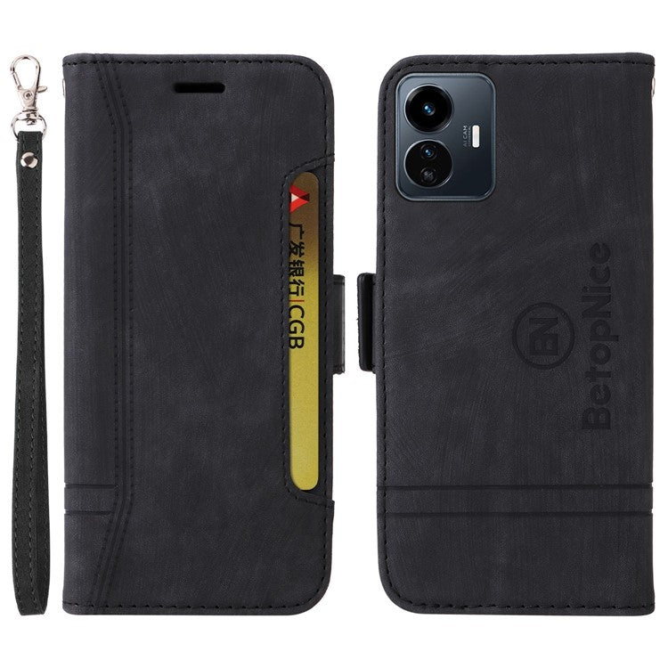 BETOPNICE 001 For vivo Y77 5G / Y77e 5G / Y77e (t1) 5G / iQOO Z6 Lite 5G PU Leather Imprinted Stitching Line Design Phone Case Full Protection Stand Wallet Cover with Strap - Black