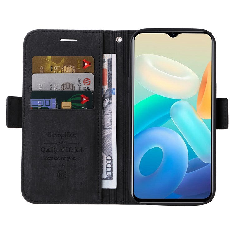 BETOPNICE 001 For vivo Y77 5G / Y77e 5G / Y77e (t1) 5G / iQOO Z6 Lite 5G PU Leather Imprinted Stitching Line Design Phone Case Full Protection Stand Wallet Cover with Strap - Black