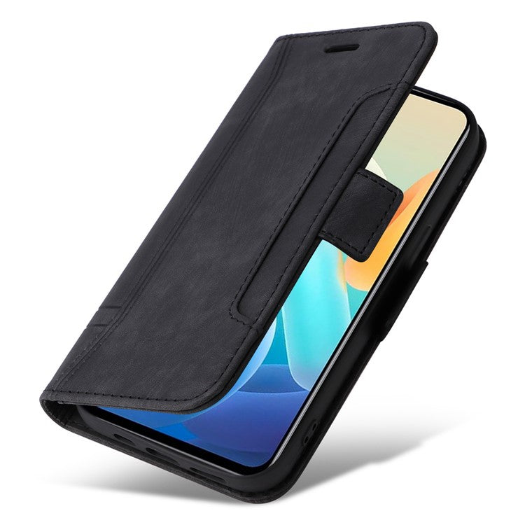 BETOPNICE 001 For vivo Y77 5G / Y77e 5G / Y77e (t1) 5G / iQOO Z6 Lite 5G PU Leather Imprinted Stitching Line Design Phone Case Full Protection Stand Wallet Cover with Strap - Black