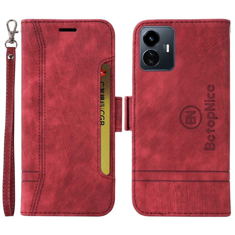 BETOPNICE 001 For vivo Y77 5G / Y77e 5G / Y77e (t1) 5G / iQOO Z6 Lite 5G PU Leather Imprinted Stitching Line Design Phone Case Full Protection Stand Wallet Cover with Strap - Red